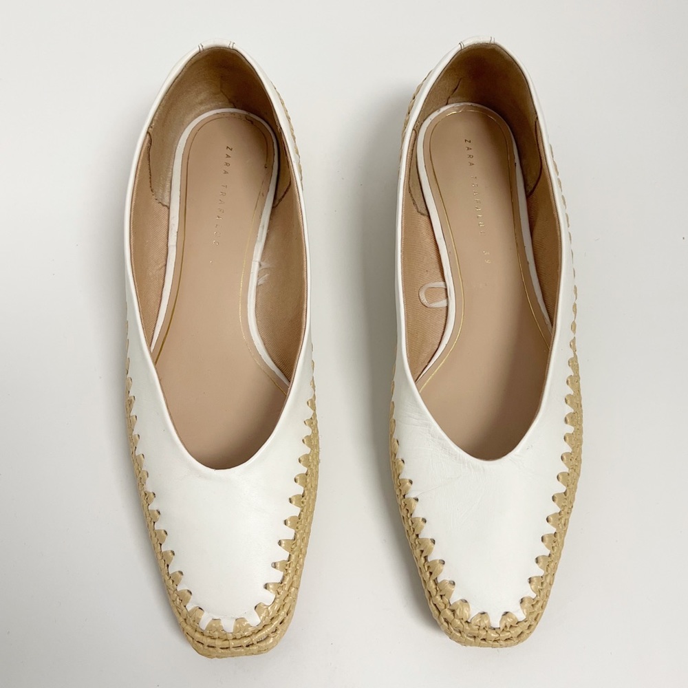 ZARA White Leather and jute contrasting Ballets flats Sz 39
